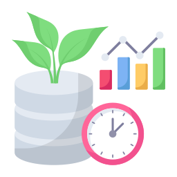 Growth over time represented with clock, plant, and bar graph icon