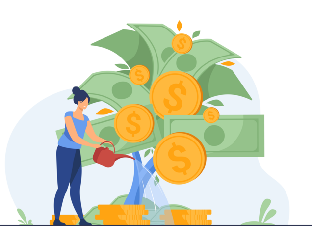 Animated figure watering a tree that grows money