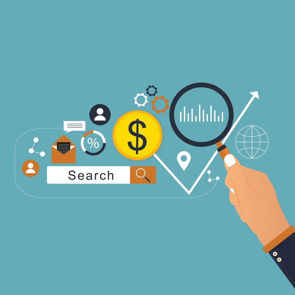 several search icons showing a graph moving up