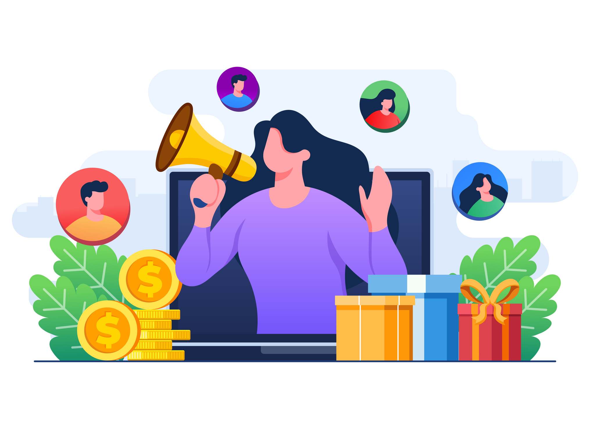 Refer a friend strategy concept flat illustration vector template, Woman with megaphone on laptop screen, Referral program, Affiliate marketing, Influencer marketing stock illustration