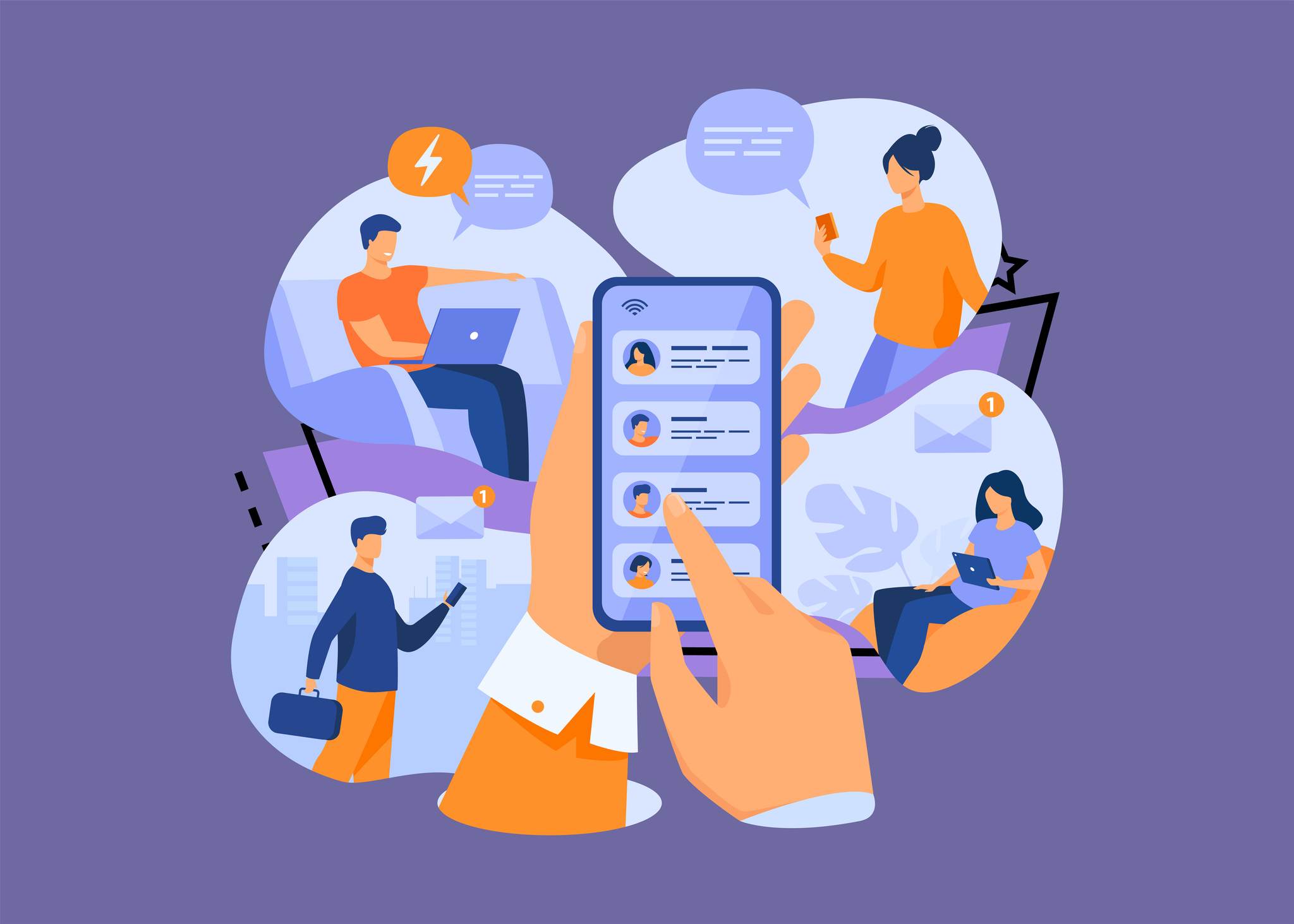 Vector illustration of Social Media Development Using Cloud and Internet Technology. People Working Freelance Jobs, Engaging in Video Calls, and Creating Media Ads for Digital Platforms stock illustration