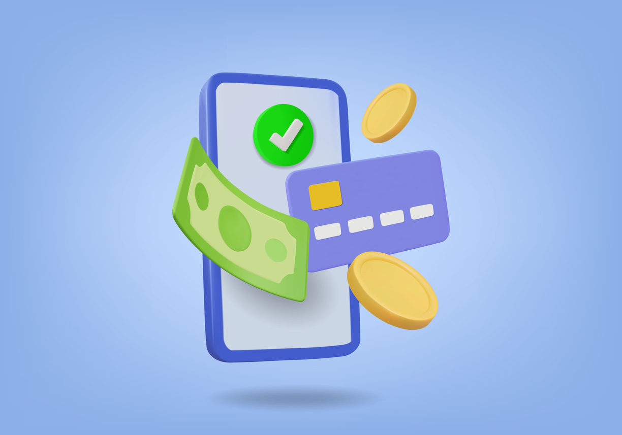 3D rendered vector illustration showing mobile payment concept. With smartphones, credit cards, banknotes and coins, it represents digital transactions, banking, cashless and financial technology.